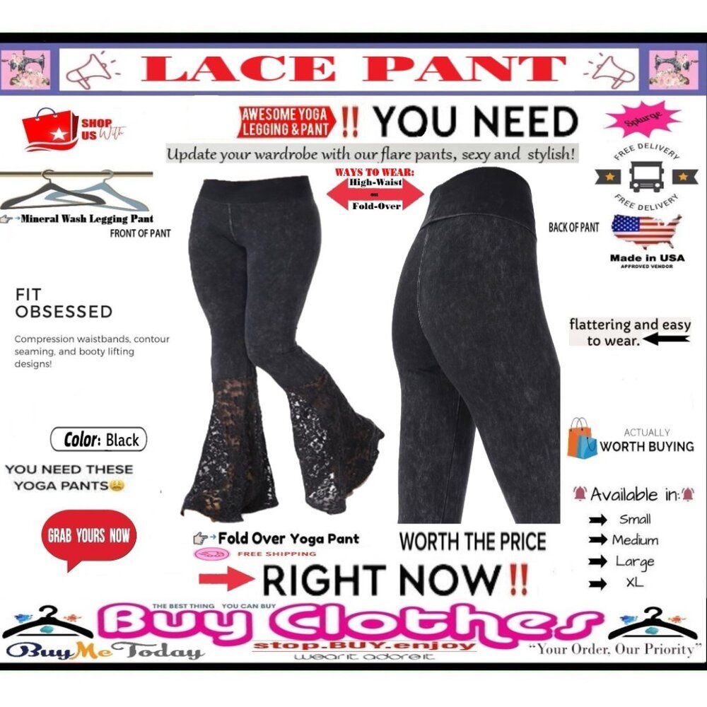 🛑 BOTTOM Fold Embroidery ➕ LACE 🆒 LEGGING PANT High Waist FLARE Wash BUY NOW - Picture 6 of 16
